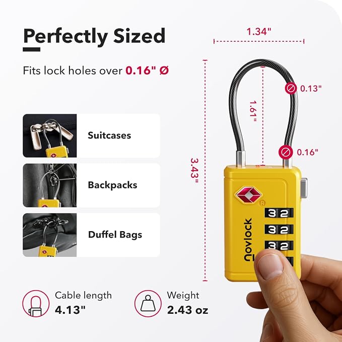 TSA Approved Luggage Locks, Travel Locks with Inspection Indicator | TSA008, Easy to Read Dials, 4 Digit Combination, Flexible Steel Cable, for Suitcases, Backpacks, Bags, 2-Pack, Yellow - Image 2