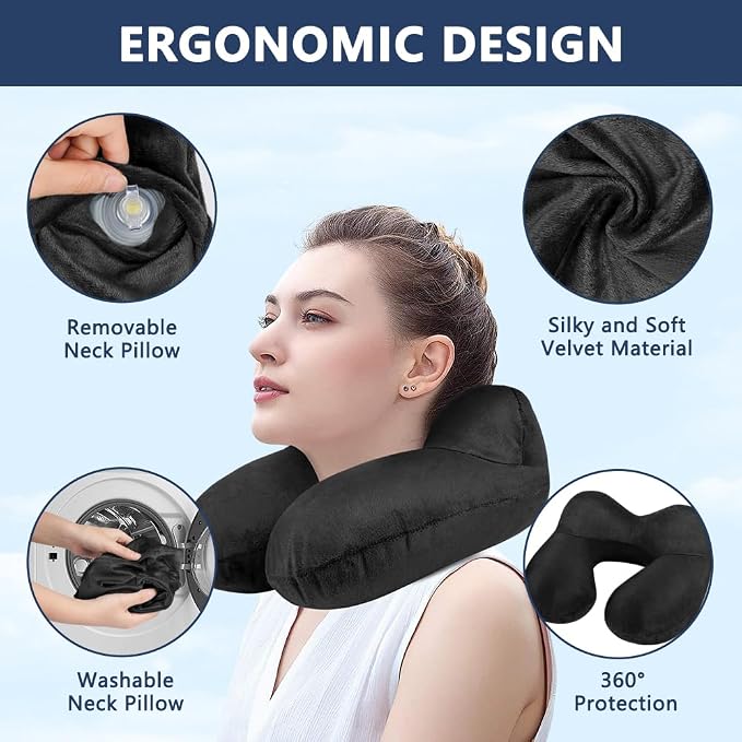 flintronic 2PCS Inflatable Travel Pillow, Inflatable Travel Pillow for Airplane, Soft Velvet Neck Support, Lightweight Ergonomic Sleeping Neck Pillow for Airplane, Car, Train, Office, Camping - Image 3