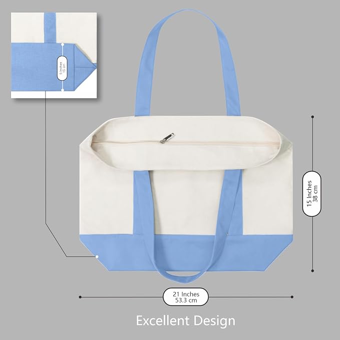 TOPDesign 1-Pack Canvas Tote Bag with an External Pocket, Reusable Grocery Shopping Bag, Top Zipper Closure, Daily Essentials (Light Blue/Natural) - Image 5