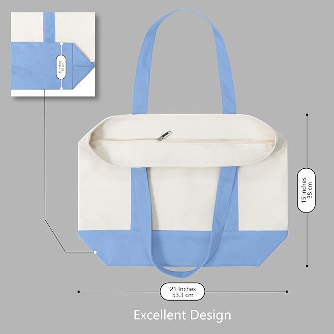TOPDesign 30-Pack Canvas Tote Bags with an External Pocket, Reusable Grocery Shopping Bags, Top Zipper Closure, Daily Essentials (Light Blue/Natural) - Image 5