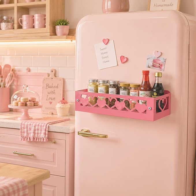 OYEFLY Pink Heart Magnetic Spice Rack for Refrigerator, Metal Magnetic Shelf Basket, Cute Fridge Organizer and Storage, Pink Kitchen Accessories for Spice Storage, Cabinet or Laundry Room (1) - Image 7