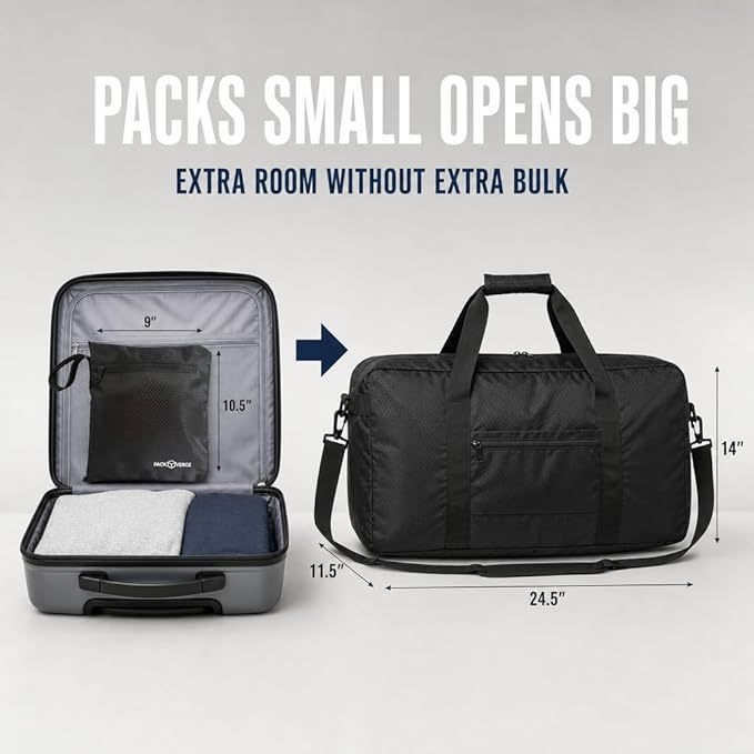 65L Foldable Duffle Bag for Travel – Lightweight Packable Duffel Bag, Collapsible Weekender Overnight Travel or Gym Bag, Water-Resistant, Large Capacity (Black) - PackVerge - Image 2