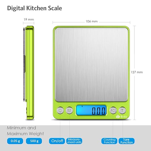AMIR Digital Kitchen Scale, 500g-0.01g Mini Pocket Jewelry Scale, Cooking Food Scale with Backlit LCD Display, 2 Trays, 6 Units, Auto Off, Tare, Stainless Steel (Battery Included) - Image 5