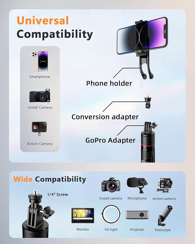 67" Camera Tripod & Phone Selfie Stick, Lightweight Portable Travel Tripod Stand with Wireless Remote, Auto Pop Open Tripod,Compatible with Phone/iPhone/Camera for Photography & Vlogging - Image 5
