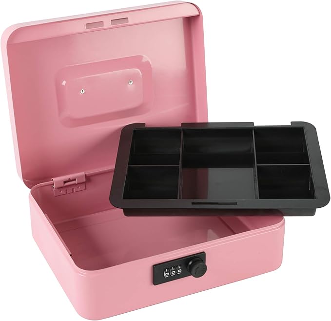 xydled Steel Cash Box Safe with Combination Lock,Money Safe Box with Removable Coin Tray,Large,9.84"x 7.87"x 3.54",Pink - Image 4
