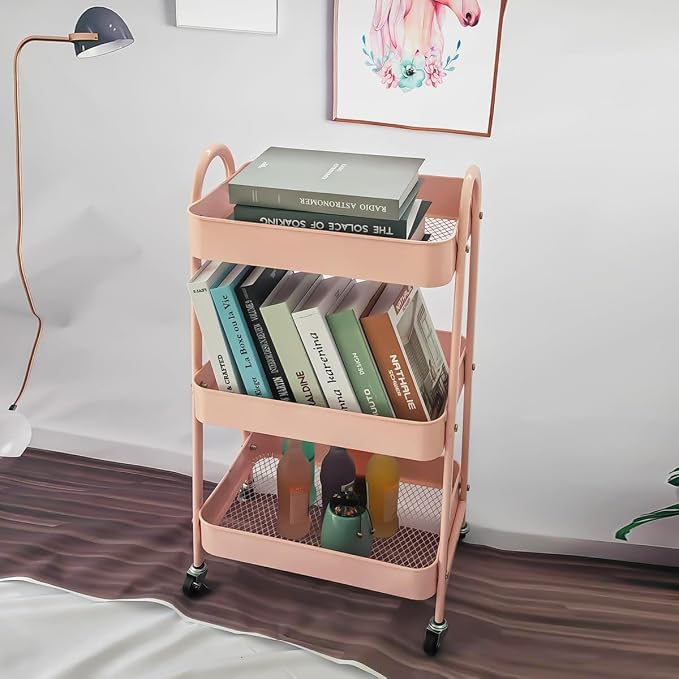 Utility Cart, 3-Tier Rolling Slim Storage Cart with Wheels, Metal, Pink - Image 4