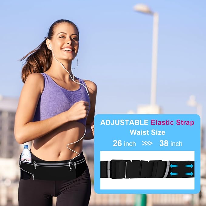 Slim Running Belt for Women Men,Runners Fanny Pack Phone Holder,Money Belt,Running Gear Accessories,with 3 Pockets (Jet Black) - Image 5