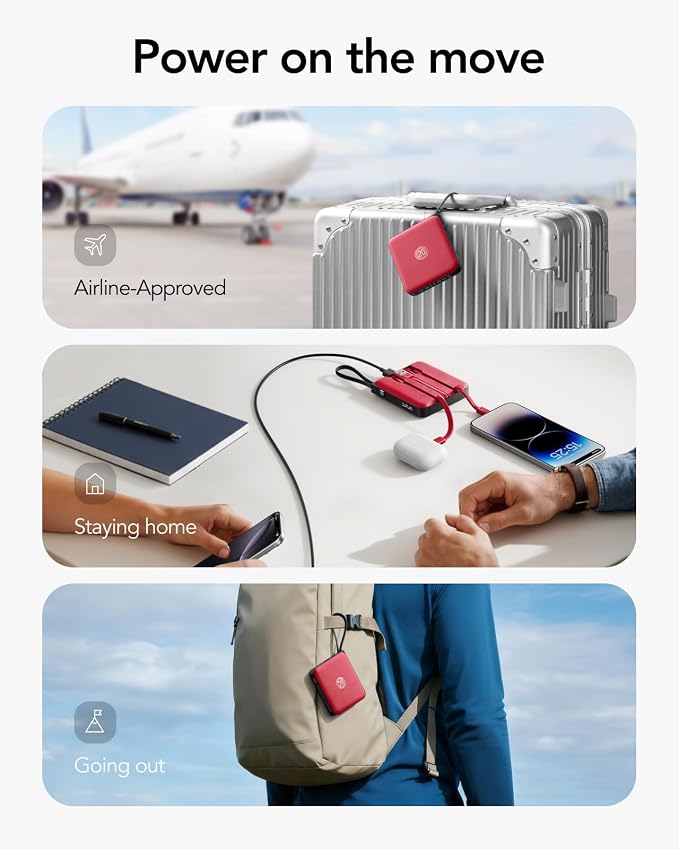 VRURC 10000mAh Portable Charger Power Bank Built-in Cables | Travel Essentials,22.5W Fast Charging,LED Display,Slim,for iPhone 17/16/15 Series & Samsung Series,Battery Pack-Red - Image 5