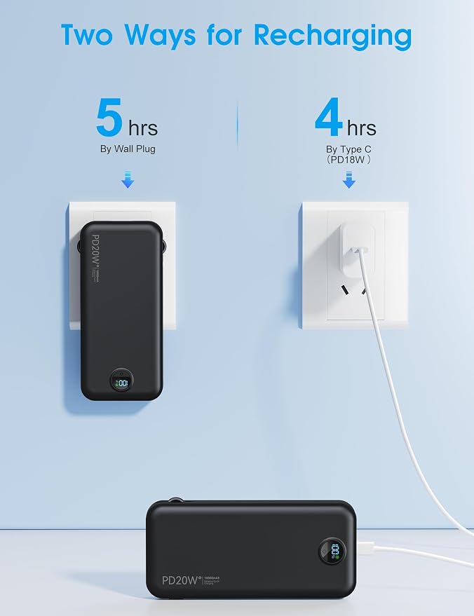 citicr Portable Charger 10000mAh PD20W w/Built-in Cables & Wall Plug Black | Fast charging, Built-in wall plug, LED display, Charge 5 devices at once, Pass through charging, TSA approved, Pocket size - Image 8