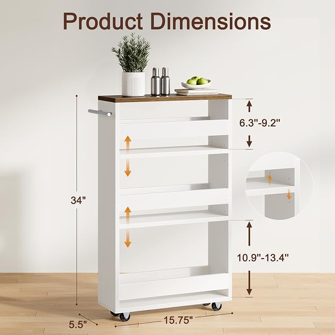 Yoobure 4-Tier Slim Storage Cart - Narrow Rolling Cart on Wheels, Slide Out Utility Carts with Adjustable Shelves, Organizer Trolley with Handle & Flip Top for Kitchen, Bathroom, Laundry, Small Spaces - Image 2