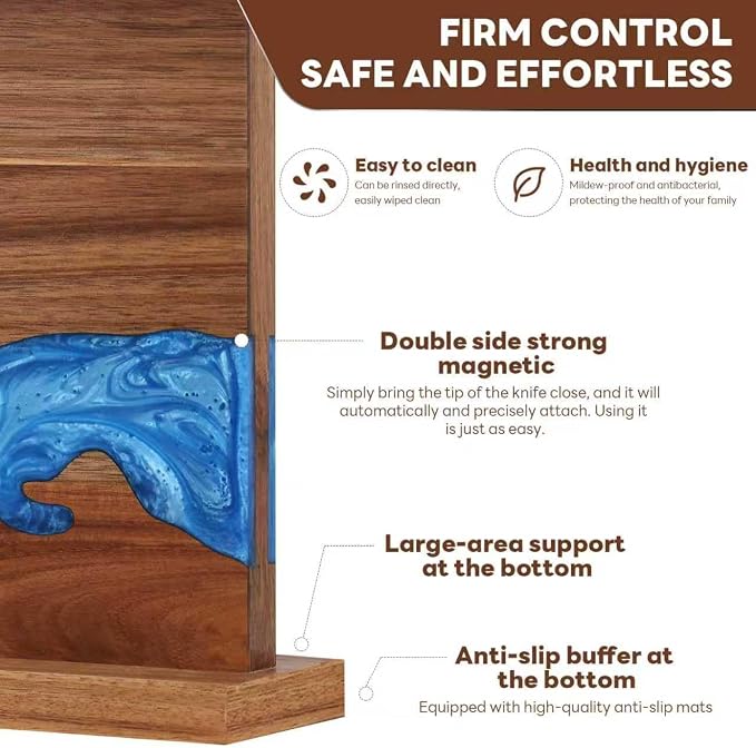 Magnetic Knife Block | Double Sided Magnetic Knife Holder | Acacia Wood Magnetic Knife Rack | Magnetic Knife Storage Stand for Kitchen Counter, Blue Resin River, 12.59×9.84IN (No Knife) - Image 6