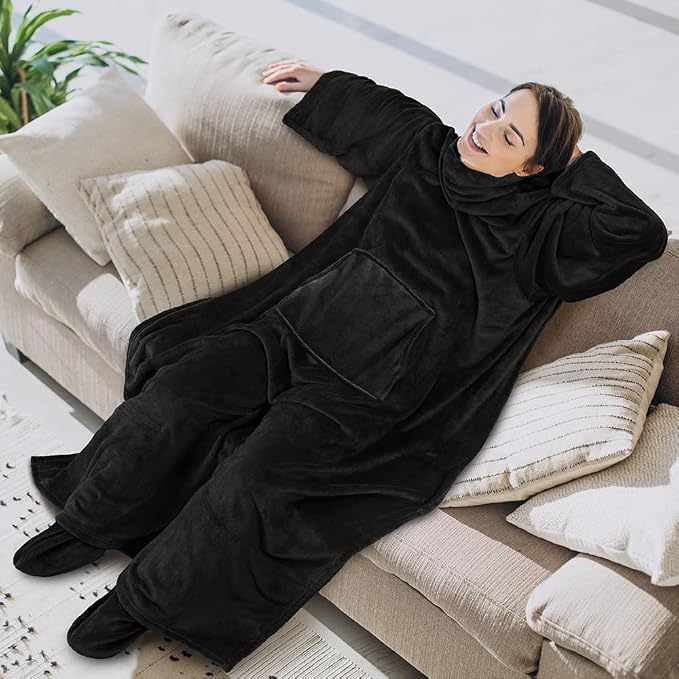 PAVILIA Fleece Blanket with Sleeves, Foot Pockets for Women Men Adults, Plush Wearable Blanket Throw Wrap, Warm Snuggle Blanket Robe, Cozy Gift Ideas Wife Mom, Black - Image 2