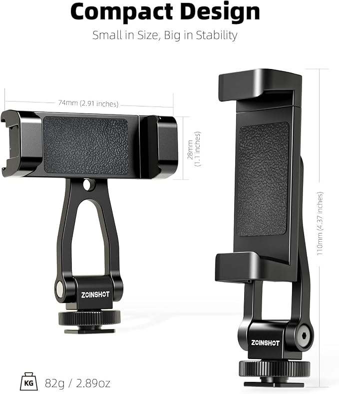 All Metal Phone Tripod Mount, 360° Rotation Tripod Phone Mount with 2 Cold Shoes, Adjustable Cell Phone Mount Adapter with 1/4" Thread, Compatible with iPhone Android Phones, Digital Camera - Image 7