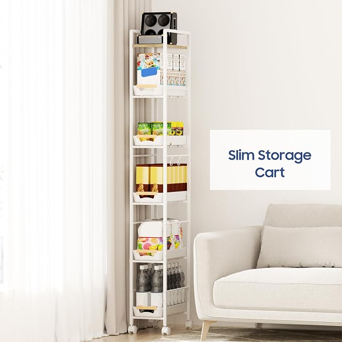 6 Tier Slim Storage Cart with Pull-Out Baskets Rolling Cart with Wheels Wood Top Narrow Utility Cart Metal Shelving Units for Pantry Laundry Room Bathroom Kitchen White 8in(W) - Image 7