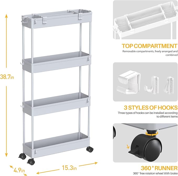 Slim Storage Cart 4 Tier,Bathroom Organizer Rolling Utility,Mobile Shelving Unit Slide Out for Office, Kitchen, Laundry Room & Narrow Places,Gray - Image 4