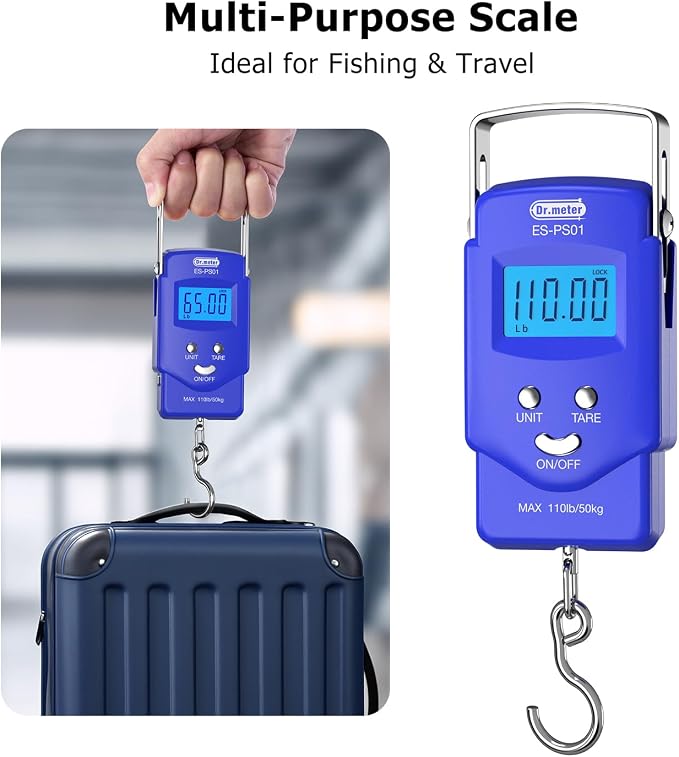 Dr.meter Fish Scale, 110 lb Digital Luggage Scale with Tape | 110 lb Capacity, Backlit LCD, Built-In Tape, Includes 2 AAA Batteries, Compact Pocket Size - Image 5