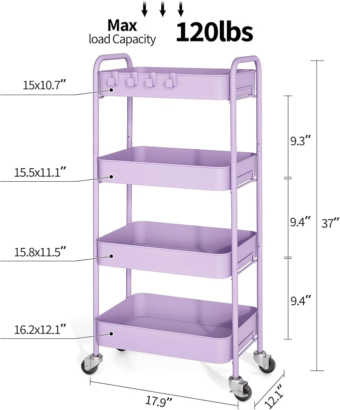 TOOLF 4 Tier Metal Rolling Cart, Utility Storage Cart with Wheels, Purple | Screwless Assembly, Lockable Metal Wheels, Trolley Organizer for Bathroom, Kitchen, Office, Dorm, Laundry, Craft Room - Image 2