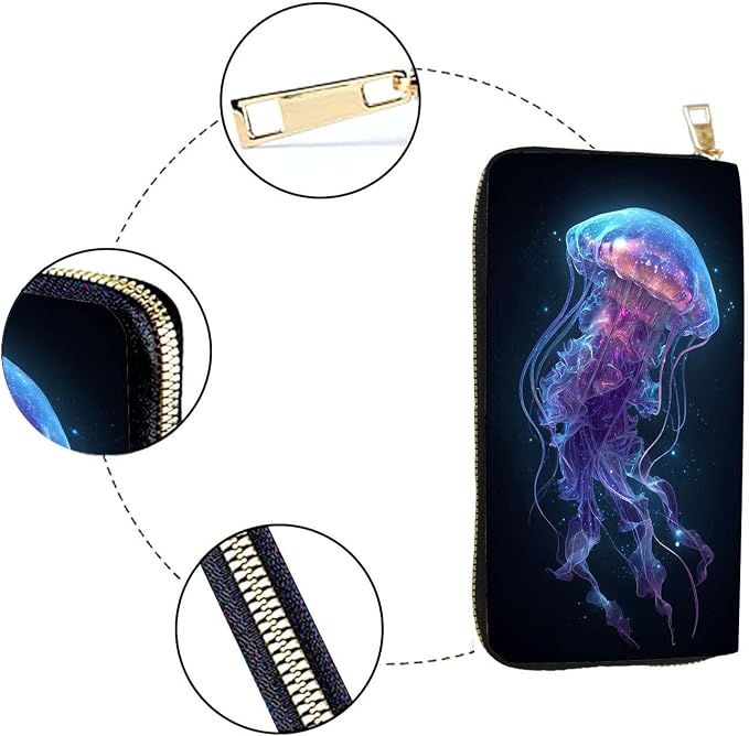 Women's RFID Blocking PU Leather Zip-Around Wallet, Large Capacity Clutch with Phone Holder, Travel Purse & Card Organizer with Removable Wristlet,Blue Jellyfish - Image 4