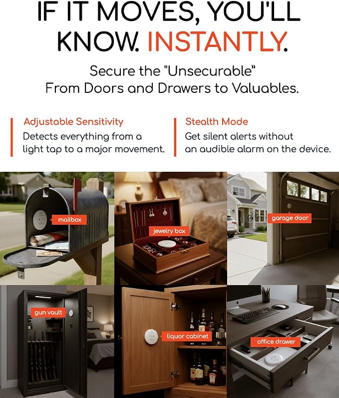 WiggleWorm Alert™ Mini Motion Vibration Sensor Alarm (2-Pack) – Stick Anywhere Smart Home Detector for Jewelry Box, Kids Door, Safe & Mailbox | Phone App Instant Alerts, Audible & Silent Modes - Image 3
