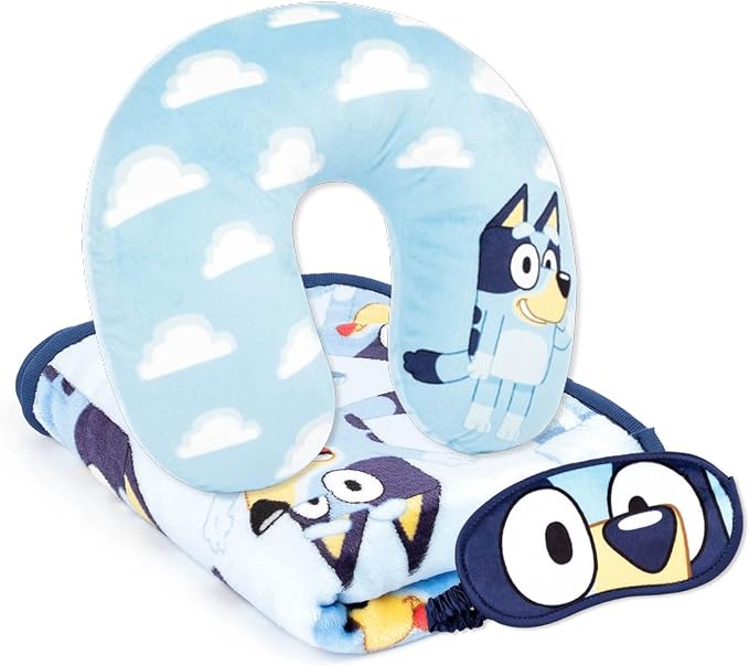 Jay Franco Bluey Kids Travel Set - 3 Piece Set Includes 40 x 50 Throw Blanket, Eye Mask, and Neck Pillow - Super Soft & Cozy Travel Accessories by JayFranco