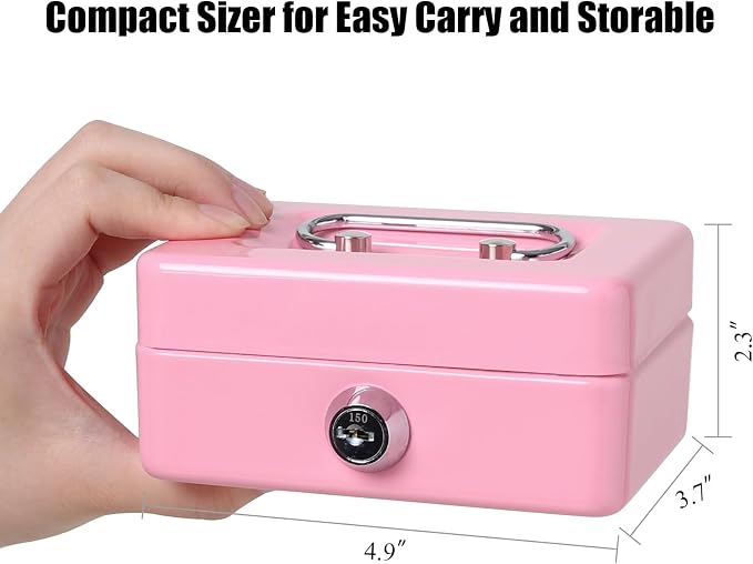 Jssmst Small Cash Box with Lock and Slot, Metal Coin Piggy Bank for Adults and Kids, Pink Locking Money Box - Image 2