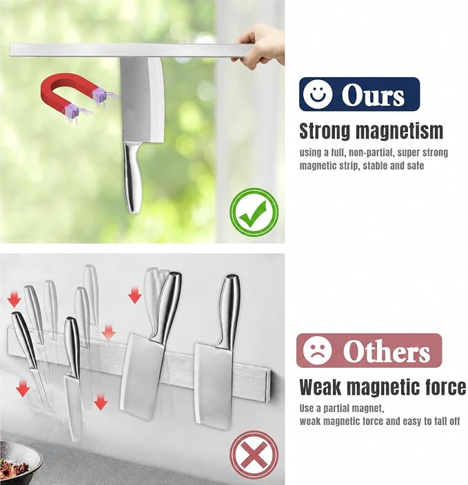 Dmore magnetic knife holder for wall—with 3 hooks, No Drilling 16 Inch silver knife magnetic strip, Powerful knife magnet rack, include Adhesive Tape and screws for Knives, Utensils, and Tools - Image 3
