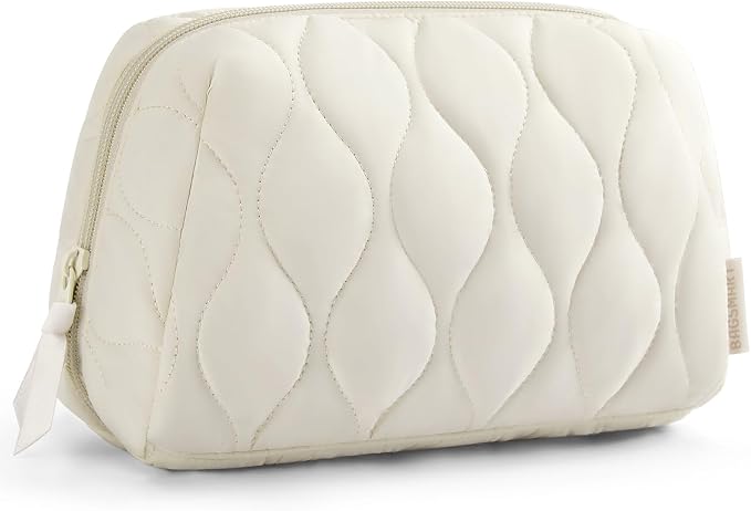 BAGSMART Makeup Bag, Travel Cosmetic Bag, Puffy Padded Make Up Bag for Women, Makeup Organizer Case, Wide-open Pouch Purse, Travel Essentials, Toiletries Accessories Brushes, Beige by BAGSMART