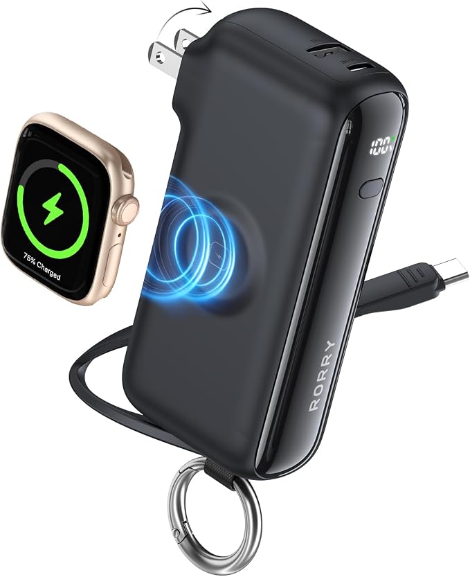 RORRY Flow Portable Charger 10000mAh 40W Wall Plug Power Bank Battery Pack | Built-in USB-C Cable, Keychain Design, Fast Charging, for iPhone 17/16/15, Apple Watch, iPad, 3-in-1, Travel Essential by RORRY