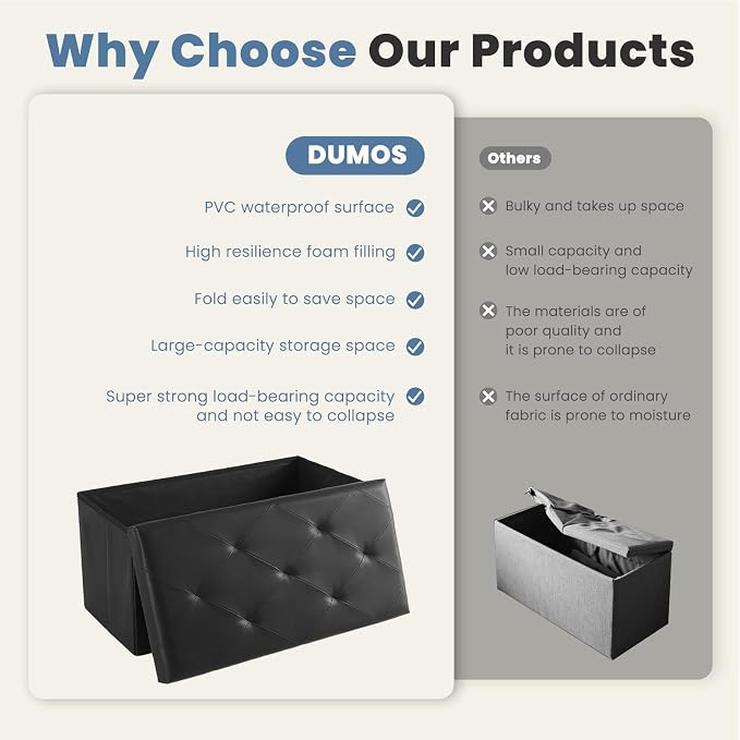 DUMOS 30 Inch Folding Storage Ottoman Bench, Hidden Ottoman with Storage | Storage Chest with Padded Seat, End of Bed Foot Rest Stool for Bedroom Living Room, Load 660 lbs, Synthetic Leather, Black - Image 7