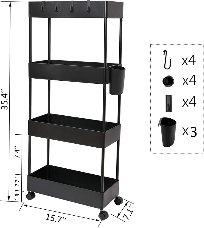 4 Tier Slim Rolling Utility Kitchen Cart Bathroom Organizer for Narrow Places Multipurpose Storage Shelve Mobile Trolley for Bedroom Laundry Office Restaurant Garage Pantry (Black) - Image 2