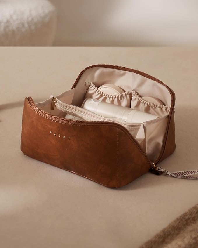 EACHY Travel Makeup Bag for Women, PU Leather Cosmetic Bag, Brown, Medium | Water-resistant PU leather exterior with flat-open access, clear TPU brush compartment and organized storage for cosmetics - Image 7