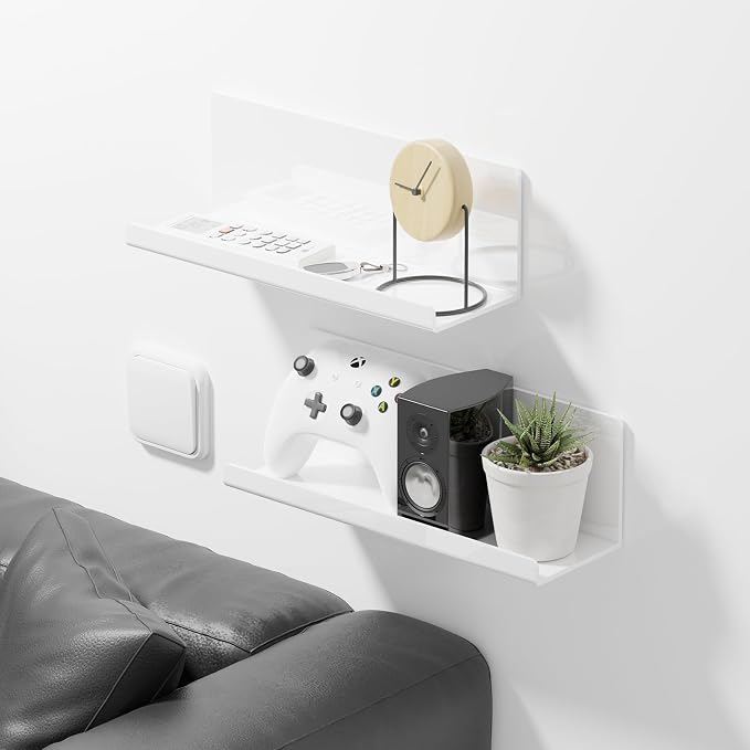 PAVSTINE Acrylic Wall Floating Shelves Set of 2, Wall Shelves White 12 Inch Adhesive Wall Organizer Adhesive Shelf for Bathroom, Kitchen, Bedroom, Office, Gaming Room, No Damage, No Drill - Image 2