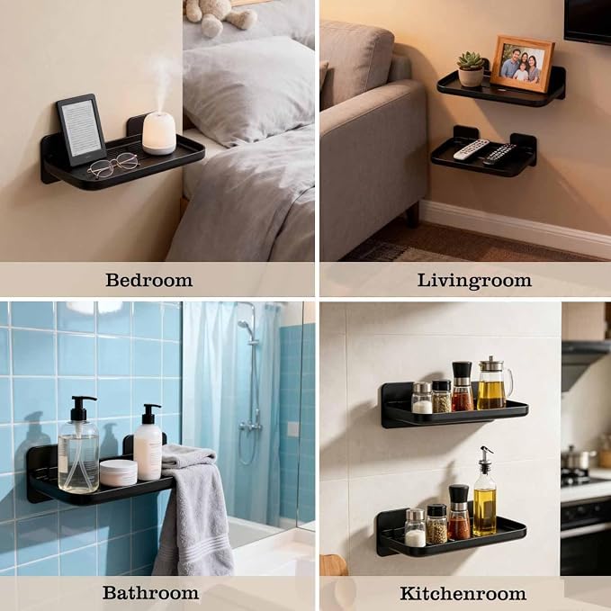 4 Pack Floating Shelves for Wall, Self Adhesive Small Shelf, No Drill Adhesive Wall Shelf, Floating Shelves Damage-Free Expand Walls Space for Living Room Kitchen Bathroom (Black) - Image 5