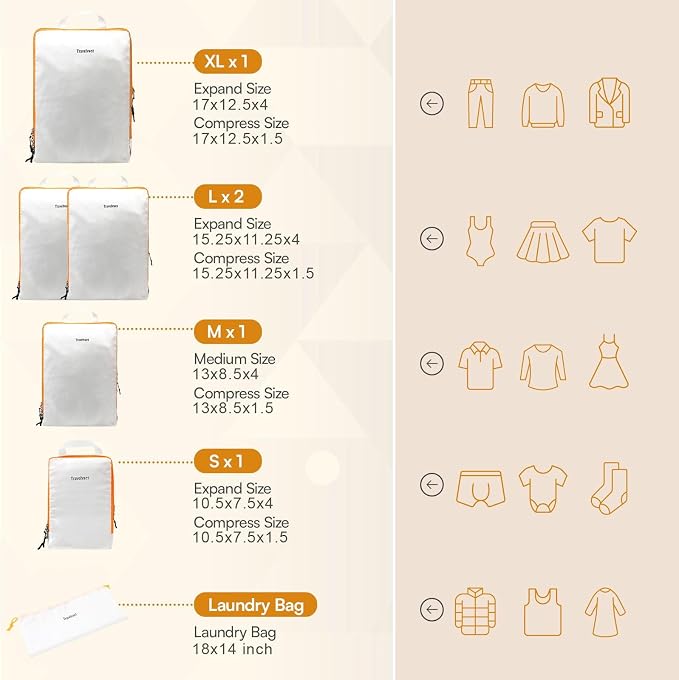 6 Set Large Compression Packing Cubes for travel. | Durable, Expandable and Lightweight Packing Cubes for Travel Compression with Laundry bag, White - Image 4