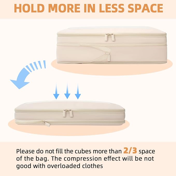 BAGAIL 4 Set/6 Set/8 Set Compression Packing Cubes Travel Accessories Expandable Packing Organizers (Square Mesh, 06-Beige) - Image 5