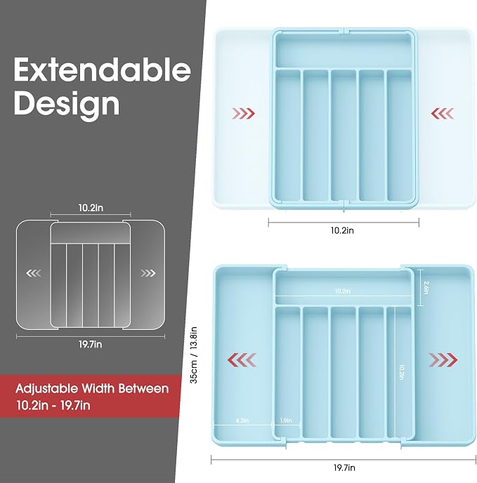 Aujen Silverware Drawer Organizer, Adjustable Utensil Cutlery Tray | Expandable Kitchen Organizer for Forks Knives, Multipurpose Kitchen Storage, Apartment Essentials, Blue, Large - Image 2