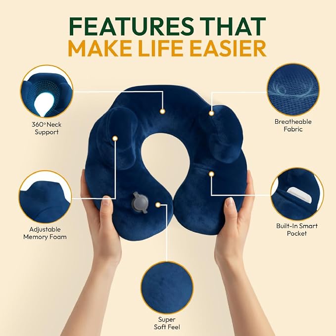 Inflatable Travel Neck Pillow with Adjustable Memory Foam Sides | Lightweight, Soft & Portable Support (Navy Blue, Standard) - Image 7