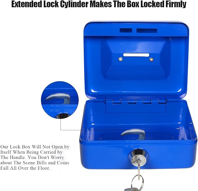 Jssmst Small Cash Box with Lock and Slot, Metal Coin Piggy Bank for Adults and Kids, Blue Locking Money Box - Image 5