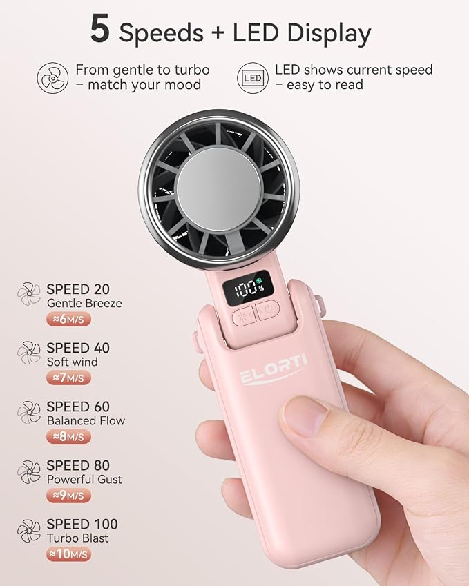 Portable Fan, Handheld Fan, Small Fan with Turbo & Ice Cooling, Hand Fan 5-Speed 4000mAh Rechargeable, 3-in-1 Foldable Personal Travel Fan, Lightweight for Beach Vacation, for Women Girl-Pink - Image 4