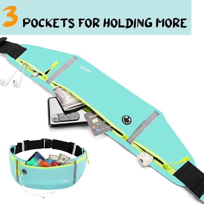 USHAKE Slim Running Belt, Workout Fanny Pack for Men Women,Exercise Waist Pack for Apple iPhone Holder, Runner Belt for Running Walking Cycling Camping Gym Mint blue - Image 4