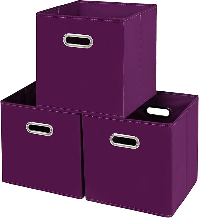 Fabric storage bins Cubes, Fabric Cube Organizer with Handle, Foldable Cube Bins for Cloth or Accessary Storage, 11x11x11, Set of 3, (Purple) by Yunkeeper
