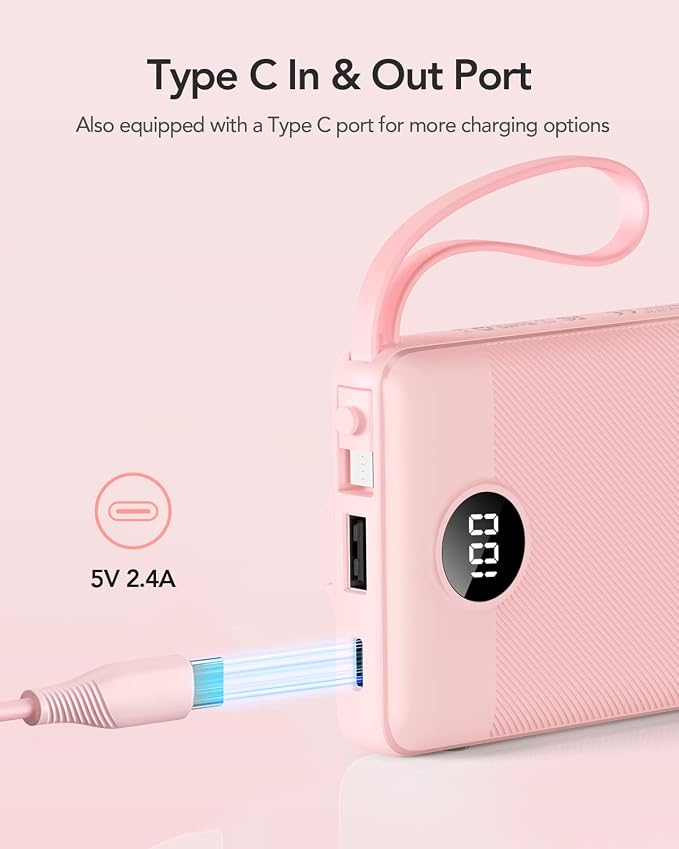 VRURC Portable Charger Power Bank, Built-in 4 Cables & 2 Ports,10000mAh Slim Battery Pack with LED Display, Travel Essential USB C Portable Phone Charger for All Cell Phones Devices-Pink(1 Pack) - Image 3