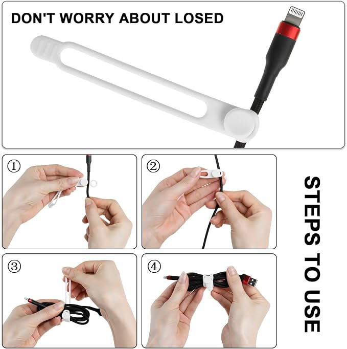 Silicone Cable Ties, Cord Organizer Cable Management(16Pcs-White) | Reusable Cord Ties for Electronics, Office Desk Accessories, Home Travel Essentials, Easy to Use, 4.2 Inch - Image 3