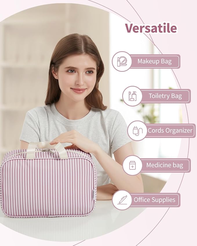 Full Size Toiletry Bag Women Large Cosmetic Bag Travel Makeup Bag Organizer Medicine Bag for Toiletries Essentials Accessories (Dusty Rose Stripe, Large) - Image 6