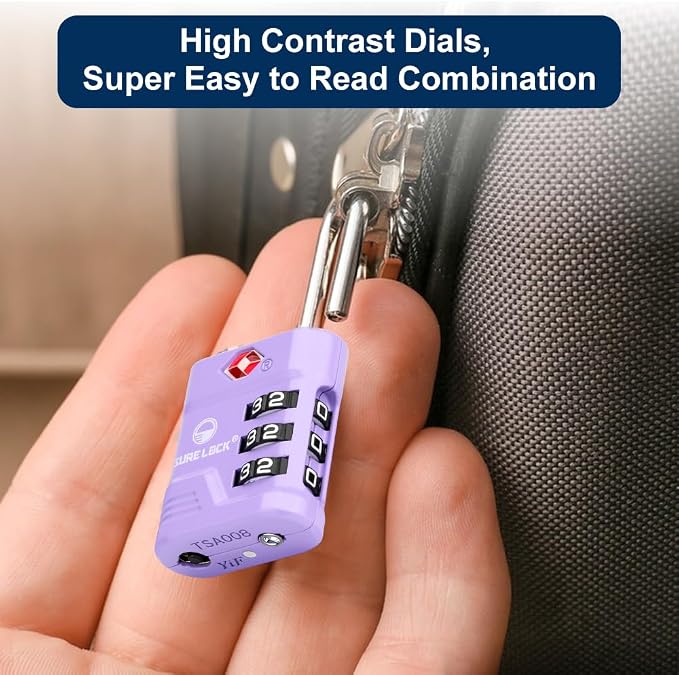 SURE LOCK TSA Approved Luggage Lock – 3-Digit Resettable Combination Padlock with Open Alert Red Dot, Large Easy-Read Dials for Suitcases, Backpacks, Gym & School Lockers (Purple 4 pk) - Image 6