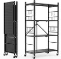 Himix 4-Tier Foldable Storage Shelf with Wheels 20 Hooks Black No Assembly | Metal collapsible organization, Folding storage rack, Wire shelving, Unit Rolling Cart, Kitchen, Garage, Holds 352 Ibs by Himix