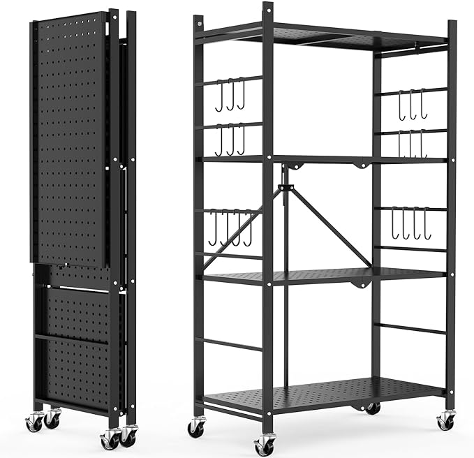 Himix 4-Tier Foldable Storage Shelf with Wheels 20 Hooks Black No Assembly | Metal collapsible organization, Folding storage rack, Wire shelving, Unit Rolling Cart, Kitchen, Garage, Holds 352 Ibs by Himix