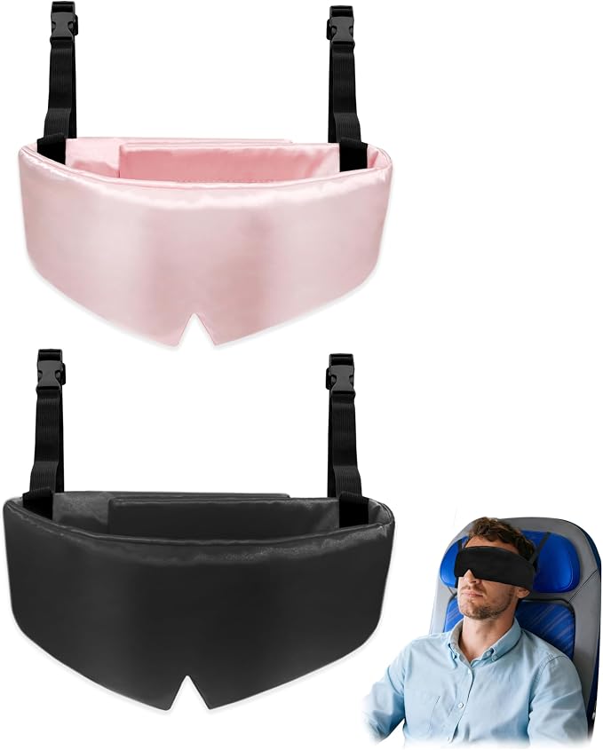 Travel Pillows for Airplanes, 2 Pack Airplane Head Strap with Silk Eye Mask for Sleeping, Long Flights & Car Road Trips 360°Headrest Neck Support, Stops Bobbing, Small & Compact (Pink+Black) by RwotllsRefrigeratorLiners