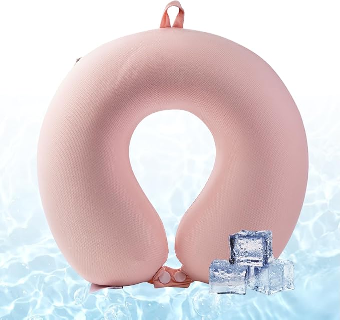 Cooling Travel Neck Pillow, Cool to Touch Memory Foam, Pink | Removable cover, machine washable, 360 degree chin support, slow rebound foam, airplane and car rides, hanging portability by NiuniuDaddy