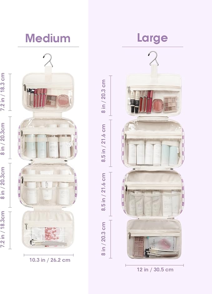 Narwey Travel Toiletry Bag for Women Large Hanging Makeup Bag Organizer Toiletries Bag for Full Size Essentials Accessories Cosmetics (Purple Checkerboard (Large)) - Image 3